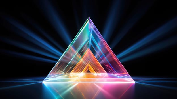 colorful glass prism triangle light dispersion in dark background, ai