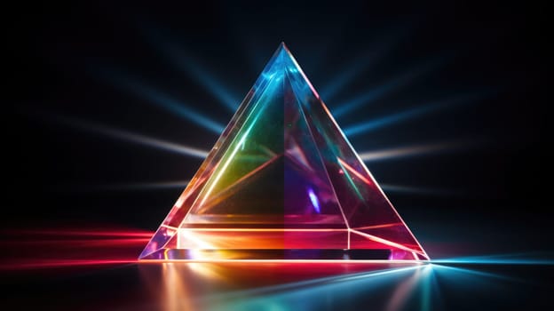 colorful glass prism triangle light dispersion in dark background, ai