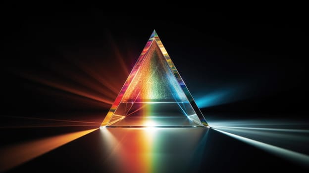 colorful glass prism triangle light dispersion in dark background, ai