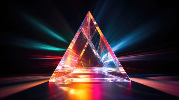 colorful glass prism triangle light dispersion in dark background, ai
