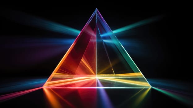 colorful glass prism triangle light dispersion in dark background, ai