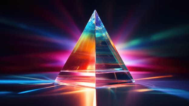 colorful glass prism triangle light dispersion in dark background, ai
