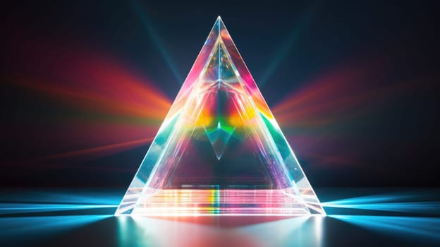 colorful glass prism triangle light dispersion in dark background, ai