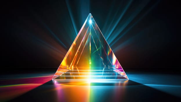 colorful glass prism triangle light dispersion in dark background, ai