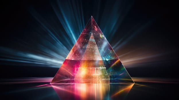 colorful glass prism triangle light dispersion in dark background, ai