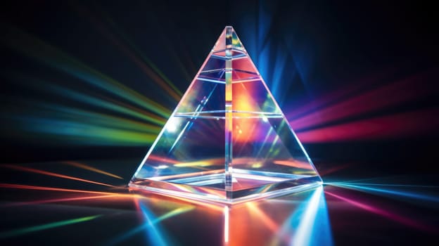 colorful glass prism triangle light dispersion in dark background, ai