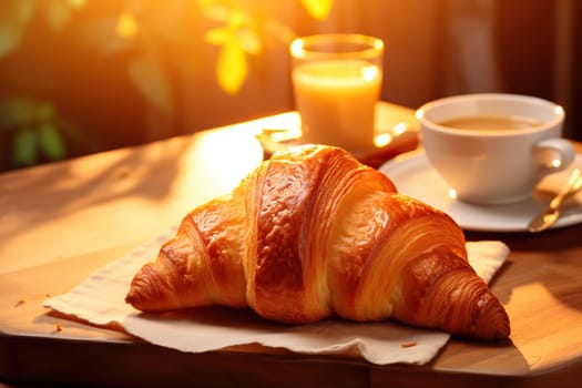 Homemade croissants on a wooden tabletop on a blurred background, bakery concept.