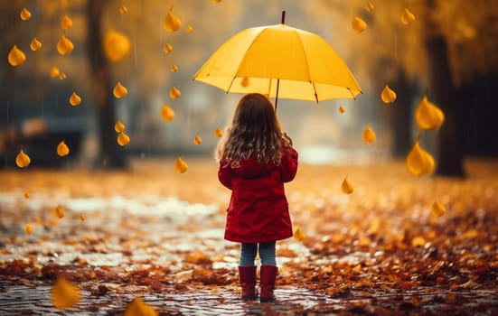 little girl with an umbrella small child, rainy autumn walk, wet weather child with an umbrella. High quality photo