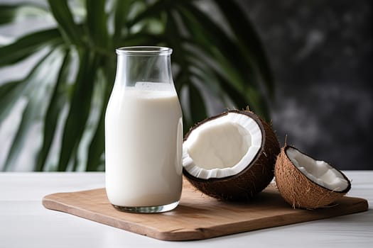 A bottle of coconut milk on a wooden tray with coconut halves nearby. Healthy nutrition concept.