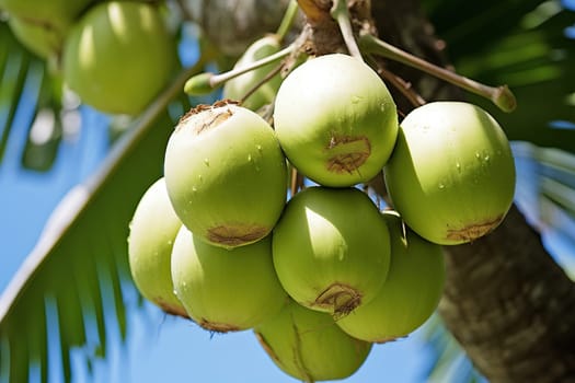 Young green coconut fruits on tree with water drop.
