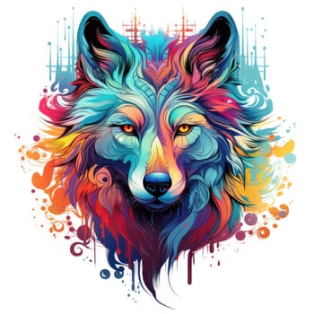 Portrait of a wolf in a decorative psychedelic pop art style. Template for poster, sticker, t-shirt print, sticker, etc.