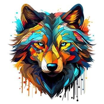 Portrait of a wolf in a decorative psychedelic pop art style. Template for poster, sticker, t-shirt print, sticker, etc.