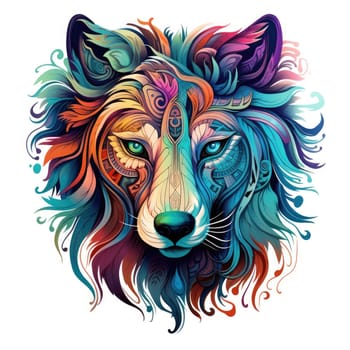Portrait of a wolf in a decorative psychedelic pop art style. Template for poster, sticker, t-shirt print, sticker, etc.