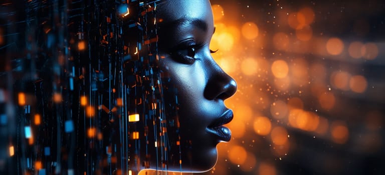 Futuristic robotic woman side view, Beauty portrait of African American cyborg girl. High quality photo