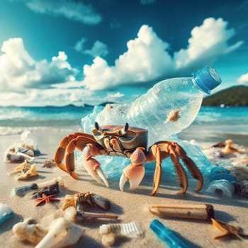 A crab on the beach lives among bottles and other trash. Ecology. Generative AI. High quality photo