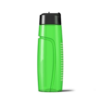 Green plastic bottle with white pattern for drinking water on a white background