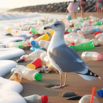 The seagull bird lives among the garbage. Ecology. Generative AI. High quality photo