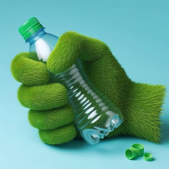 A hand made of grass holds a plastic bottle. Ecology. Generative AI. High quality illustration