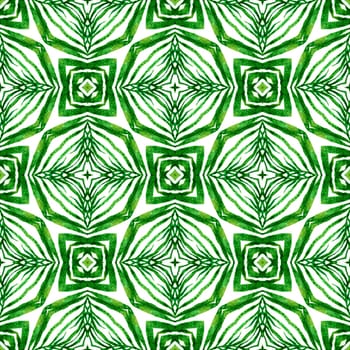 Textile ready perfect print, swimwear fabric, wallpaper, wrapping. Green good-looking boho chic summer design. Ikat repeating swimwear design. Watercolor ikat repeating tile border.