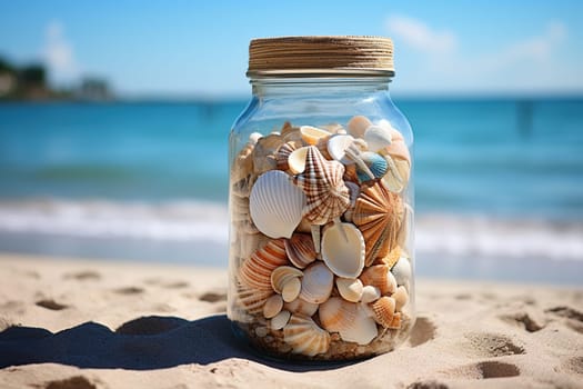 Glass jar with beautiful shells in the sand on the beach. Summer vacation, travel background