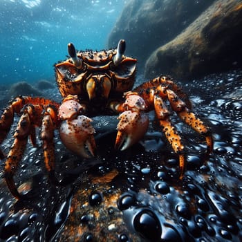 A crab lives among an oil spill. Ecology. Generative AI. High quality photo