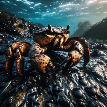 A crab lives among an oil spill. Ecology. Generative AI. High quality photo