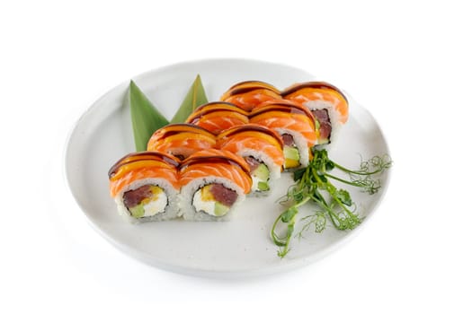 delicious rolls with salmon on a white background studio shooting 1