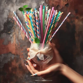 Lots of plastic cocktail straws. Ecology. Generative AI. High quality photo