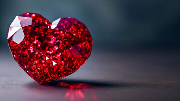 Beautiful luxury red heart made of ruby gemstone on a gray background. Copy space. AI generated.