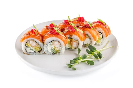 European roll with salmon and shrimp on a white background studio shooting