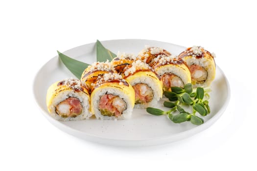 Roll with tuna tartare and tempura shrimp studio shooting on a white background 1