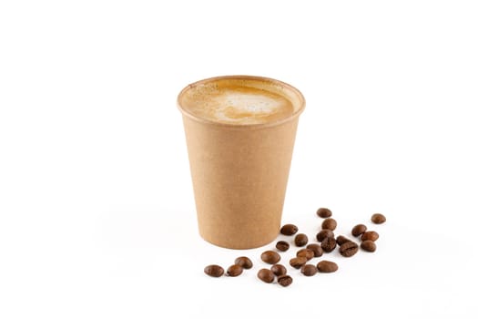 coffee in a paper glass on a white background studio shooting