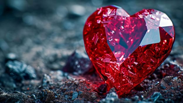Beautiful luxury red heart made of ruby gemstone on a gray background. Copy space. AI generated.