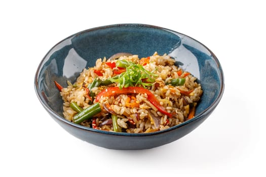 Hibachi rice with vegetables on a white background studio shooting 1