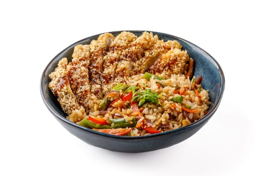 Hibachi rice with chicken schnitzel on a white background studio food photo 3