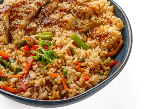 Hibachi rice with chicken schnitzel on a white background studio food photo1