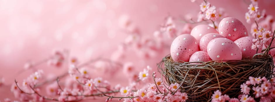 Easter holiday celebration banner greeting card banner with easter eggs and flowers on a pink background.