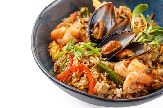 Hibachi rice with seafood on white background studio food photo 1