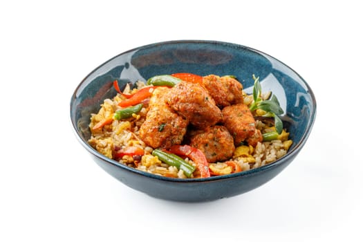 Hibachi rice with kimchi pork on a white background studio food photo 2
