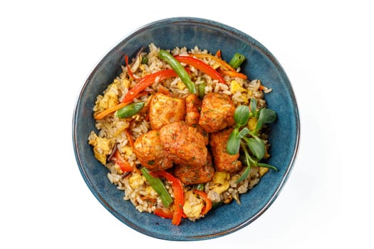 Hibachi rice with kimchi pork on a white background studio food photo 1