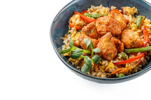 Hibachi rice with kimchi pork on a white background studio food photo 4