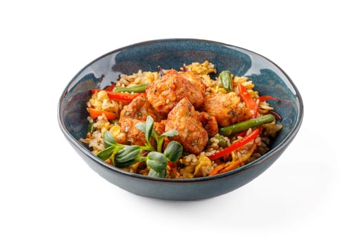 Hibachi rice with kimchi pork on a white background studio food photo 7