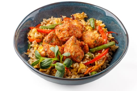 Hibachi rice with kimchi pork on a white background studio food photo 6