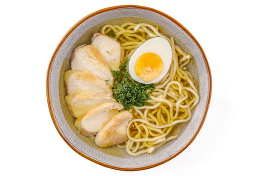 Chicken soup with homemade noodles on a white background studio shot 2