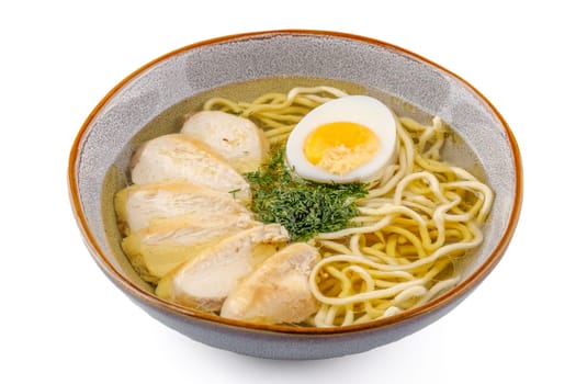 Chicken soup with homemade noodles on a white background studio shot 1