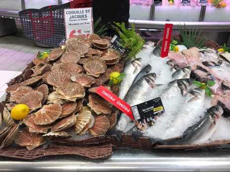 FRANCE, BORDEAUX, February, 2, 2024: Assortment of fresh daily catch of prawns, seashells, molluscs on ice on fish market in supermarket, High quality photo