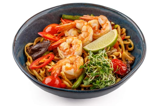 Udon with shrimp studio shooting on a white background