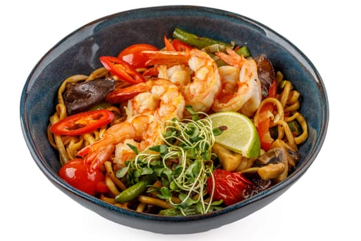 Udon with shrimp studio shooting on a white background 2