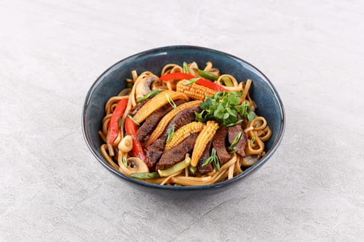 Udon with veal studio shooting on a white background