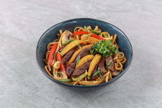 Udon with veal studio shooting on a stone background